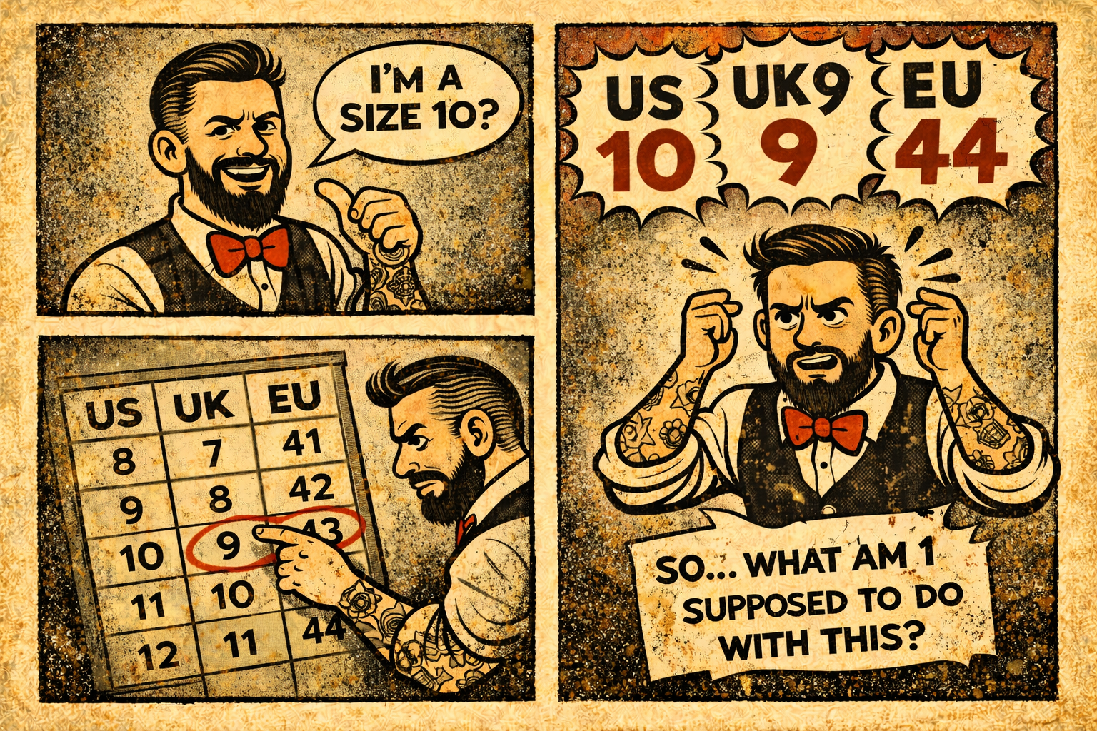 Three different boot size systems US Size UK Size and EU Size