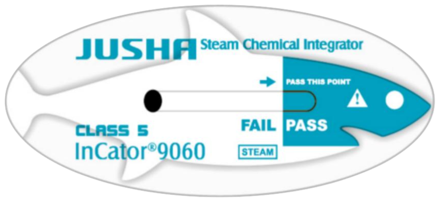 A JUSHA Steam Chemical Integrator device with a label indicating it is Class 5 InCator 9060, used to pass or fail steam sterilization process. The label also includes instructions to pass this point and safety warnings.
