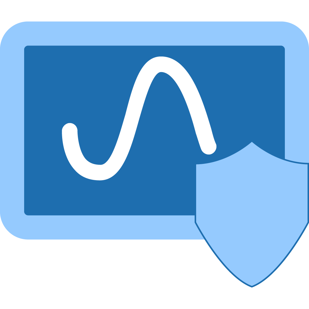 A digital icon with a blue background, displaying a white sine wave, overlaid with a blue shield symbol.