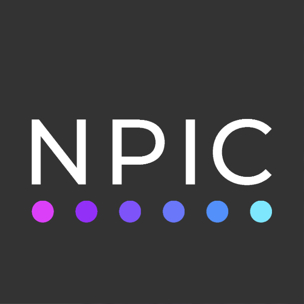 NPIC logo with a black background, large white letters, and a row of six colorful dots below.