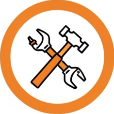Graphic logo with construction tools like a wrench, screwdriver, and hammer over a silhouette of buildings, encircled by an orange border, with the word 'BUILD' below.