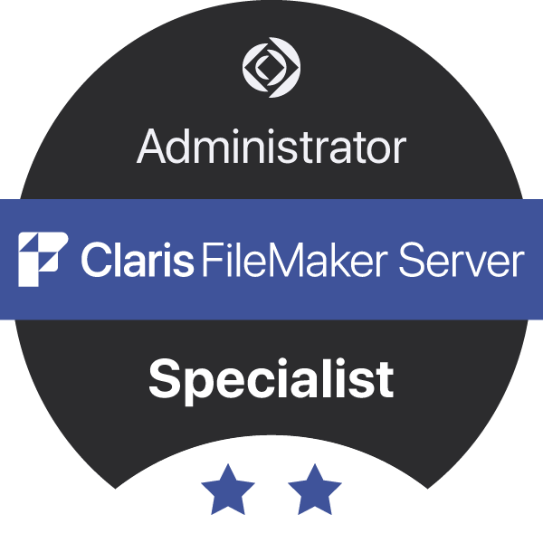Badge showing levels of access: Administrator, Claris FileMaker Server, Specialist, with two blue stars at the bottom.