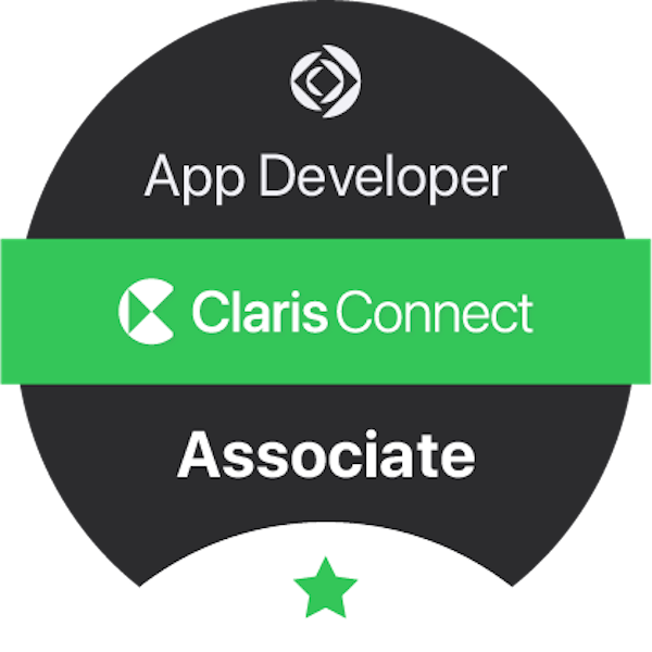 Close-up of a circular badge or button with the text 'App Developer,' 'Claris Connect,' and 'Associate,' featuring a green star icon.