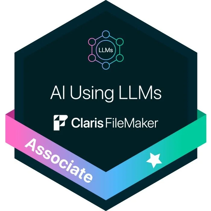 Graphic promoting AI using large language models (LLMs) with Claris FileMaker, featuring a hexagonal badge, a gradient ribbon with the word 'Associate,' and a star icon.