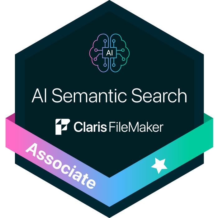 Badge featuring an AI brain icon, text reading "AI Semantic Search," Claris FileMaker logo, and an "Associate" label with a star symbol.