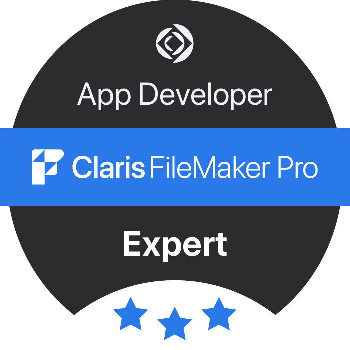 Badge indicating an app developer expert in Claris FileMaker Pro with a three-star rating.