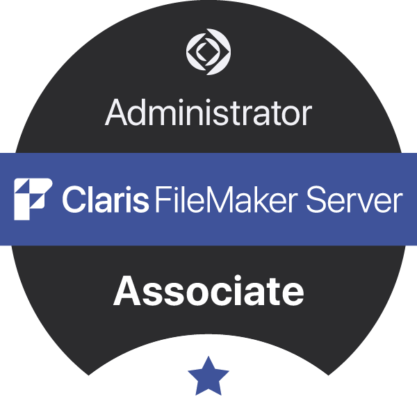 A circular badge with the Claris FileMaker Server logo in the center, labeled as Administrator and Associate, with a small star at the bottom.