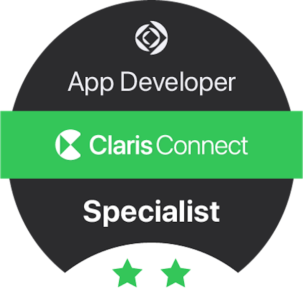 A digital interface with sections labeled 'App Developer', 'Claris Connect', and 'Specialist' with a badge showing two green stars at the bottom.