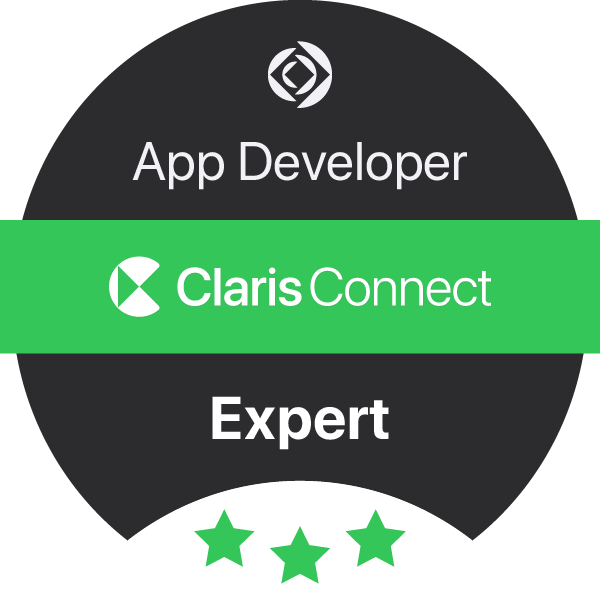 Digital badge indicating App Developer Expert certification from Claris Connect, with a black circular background, white text, green highlight, and three green stars at the bottom.