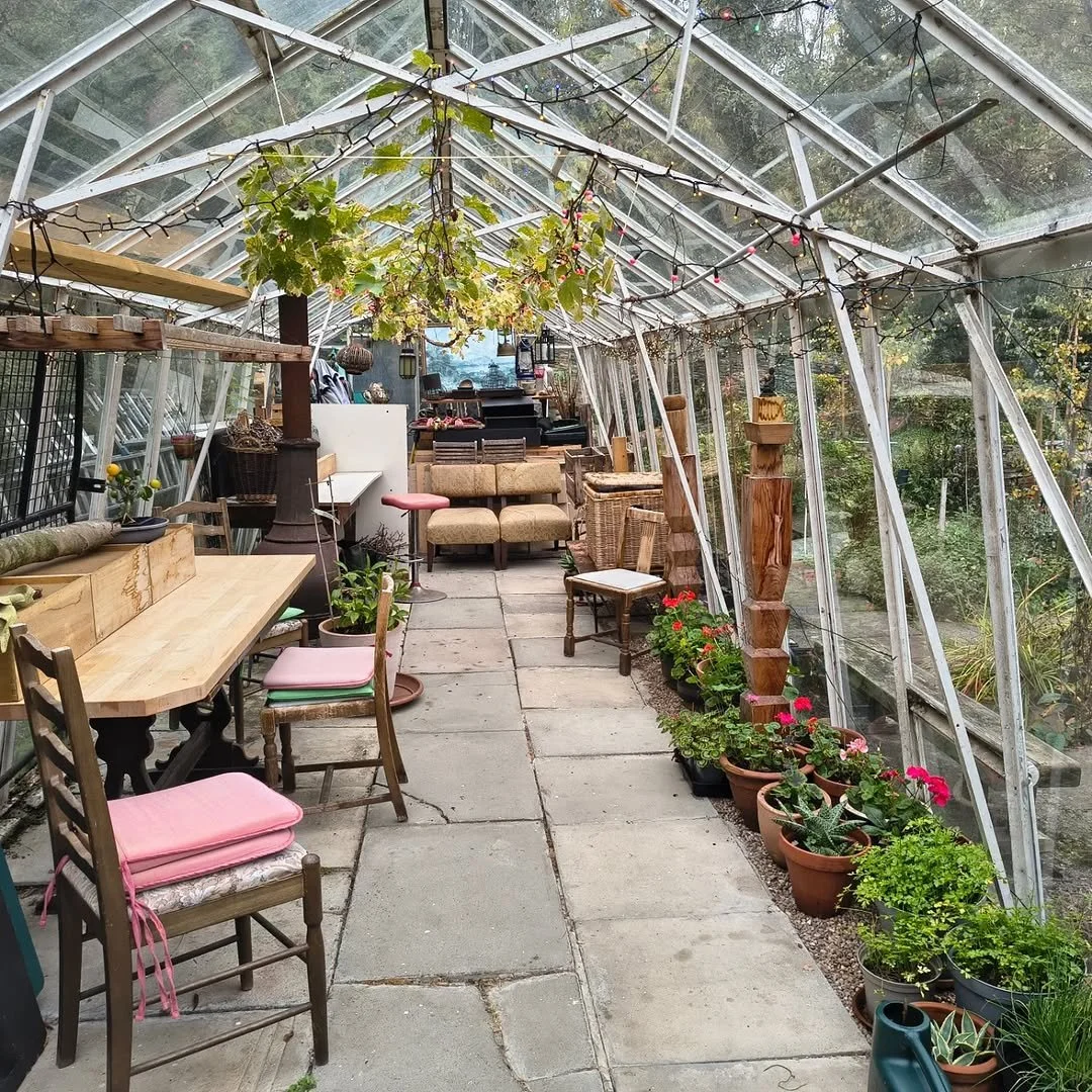 A greenhouse with a variety of chairs, tables, and plants on the floor and hanging from the ceiling. There are string lights hanging across the ceiling and a mix of rustic and modern furniture.
