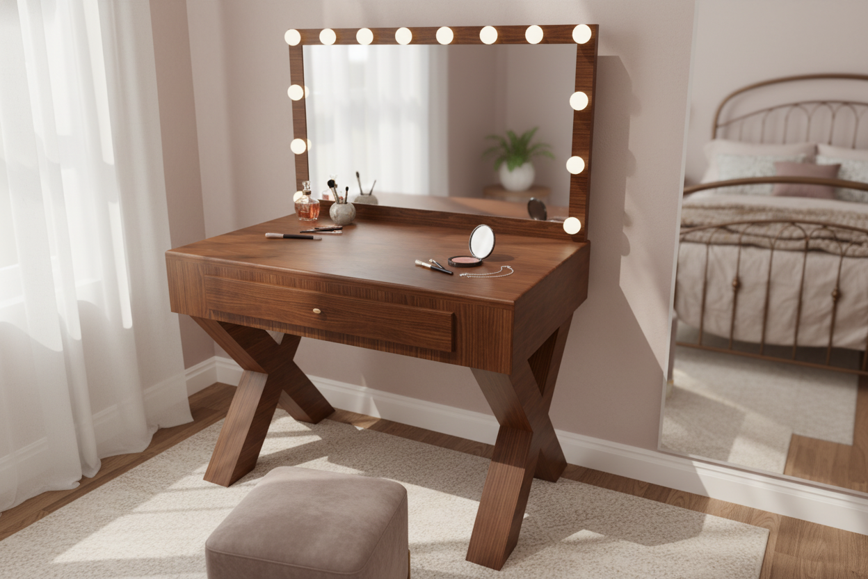 Wooden vanity table with illuminated mirror, makeup items, and a small stool in a bedroom with a mirror reflecting a bed and window.