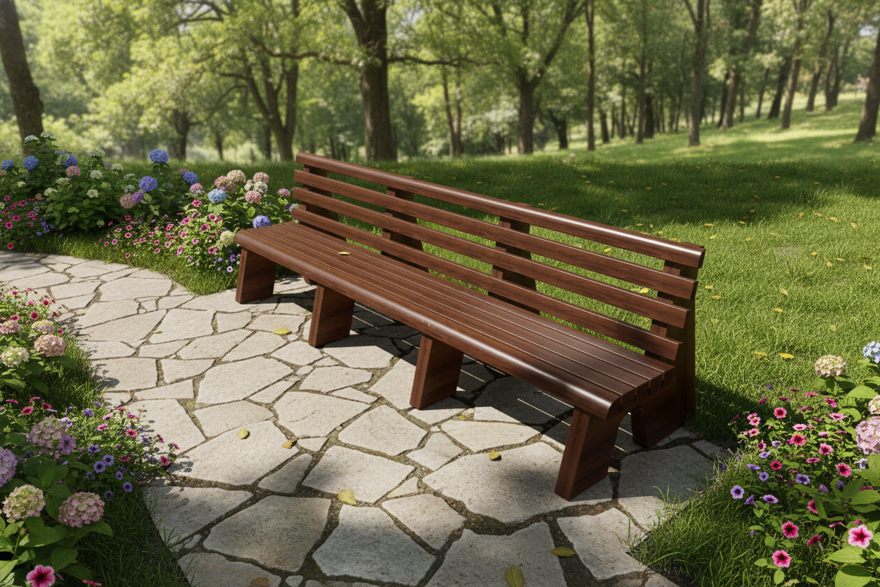 A wooden park bench is placed on a stone pathway surrounded by colorful flowers and green grass, with a background of trees in a park during daytime.