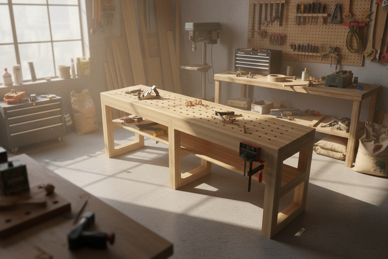 Sunlit woodworking workshop with a large wooden workbench in the center, featuring clamps and Wood shavings on the surface, tool storage on the walls, and additional workbenches with tools and materials in the background.