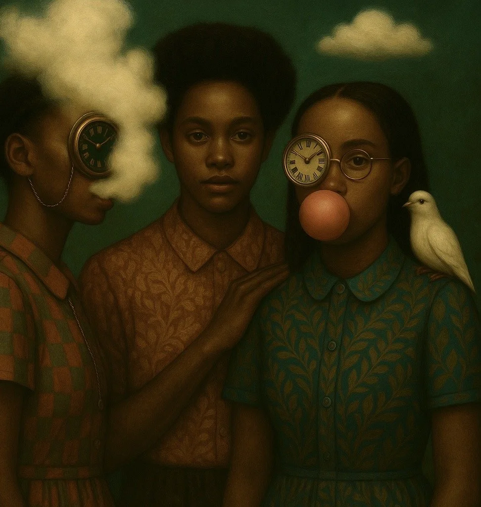 The Architecture Triad --
In this triadic convergence, three figures embody the sacred architecture of time and spirit. To the left, a young woman with a clock for an eye exhales clouds of smoke—an oracle of memory and veiled prophecy. At the center