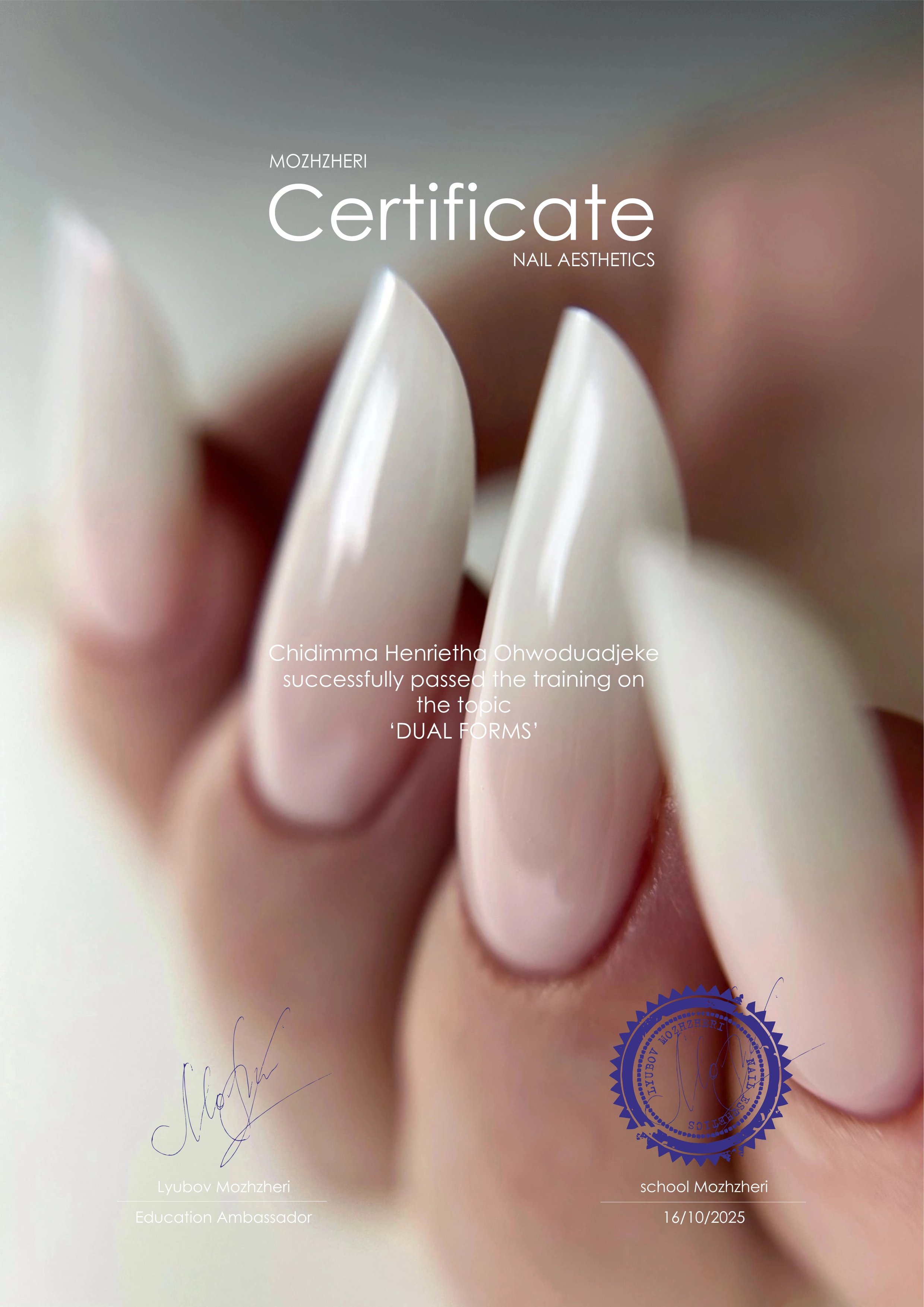 Close-up of a person's hand holding a certificate with a blurred background. The certificate has text related to a nail aesthetics course, including the name 'Chidimma Henrietha Owhoduadjoke' and the date '16/10/2025.'