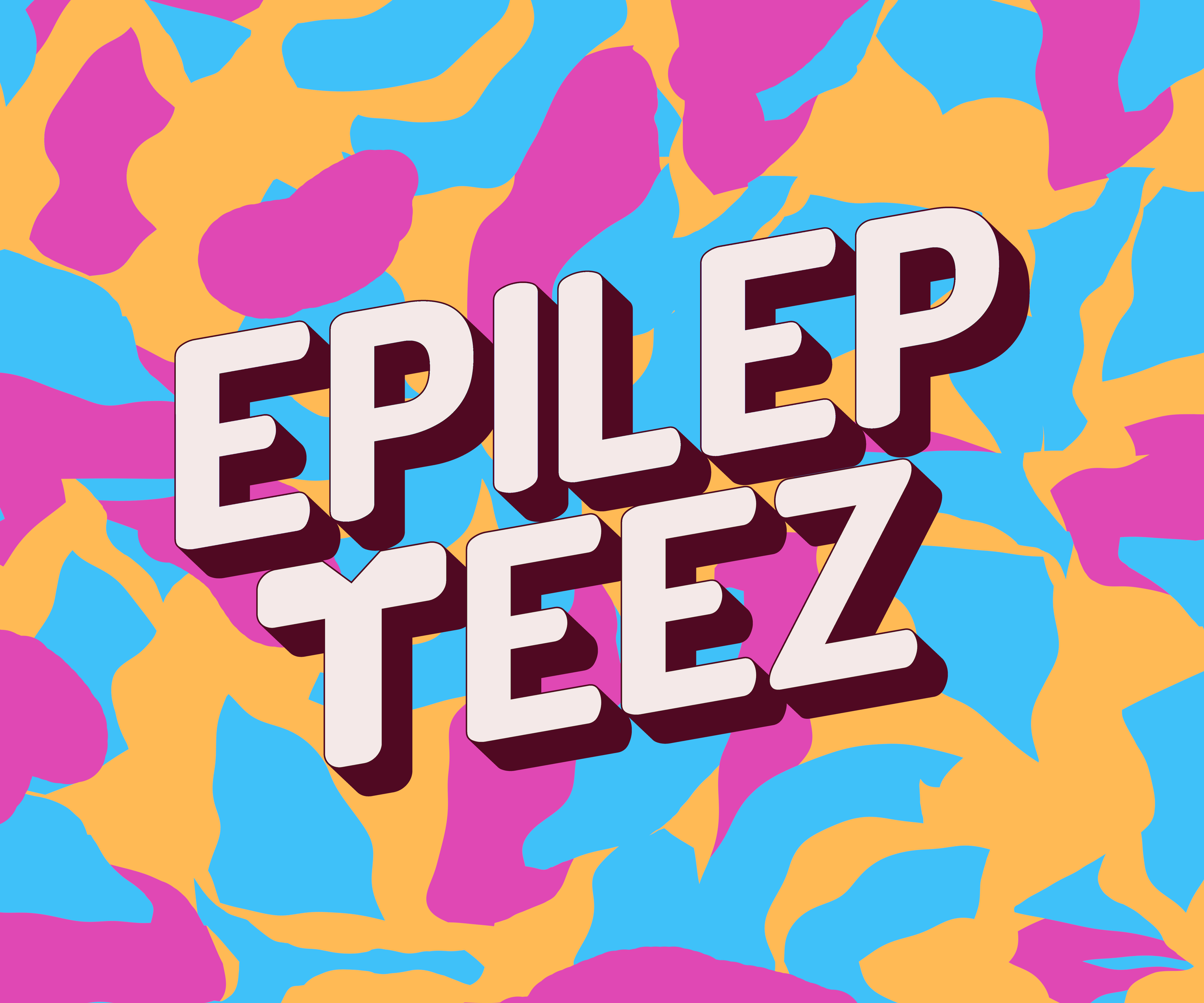 Bold 3D text in white with black shadow reading 'EPIL E P TEEZ' against a colorful, abstract, animal print background in pink, blue, orange, and yellow.