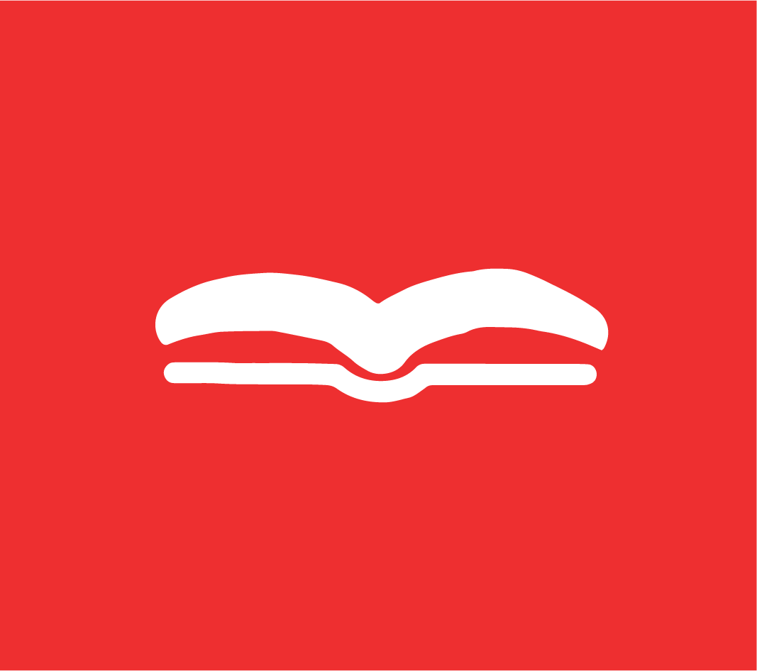 Simplified illustration of an open book in white on a red background.