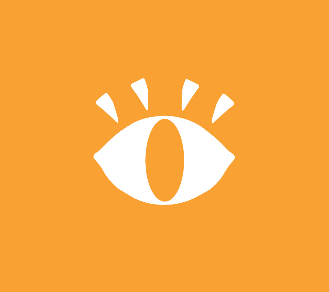 White eye icon with open pupil and rays above on orange background.