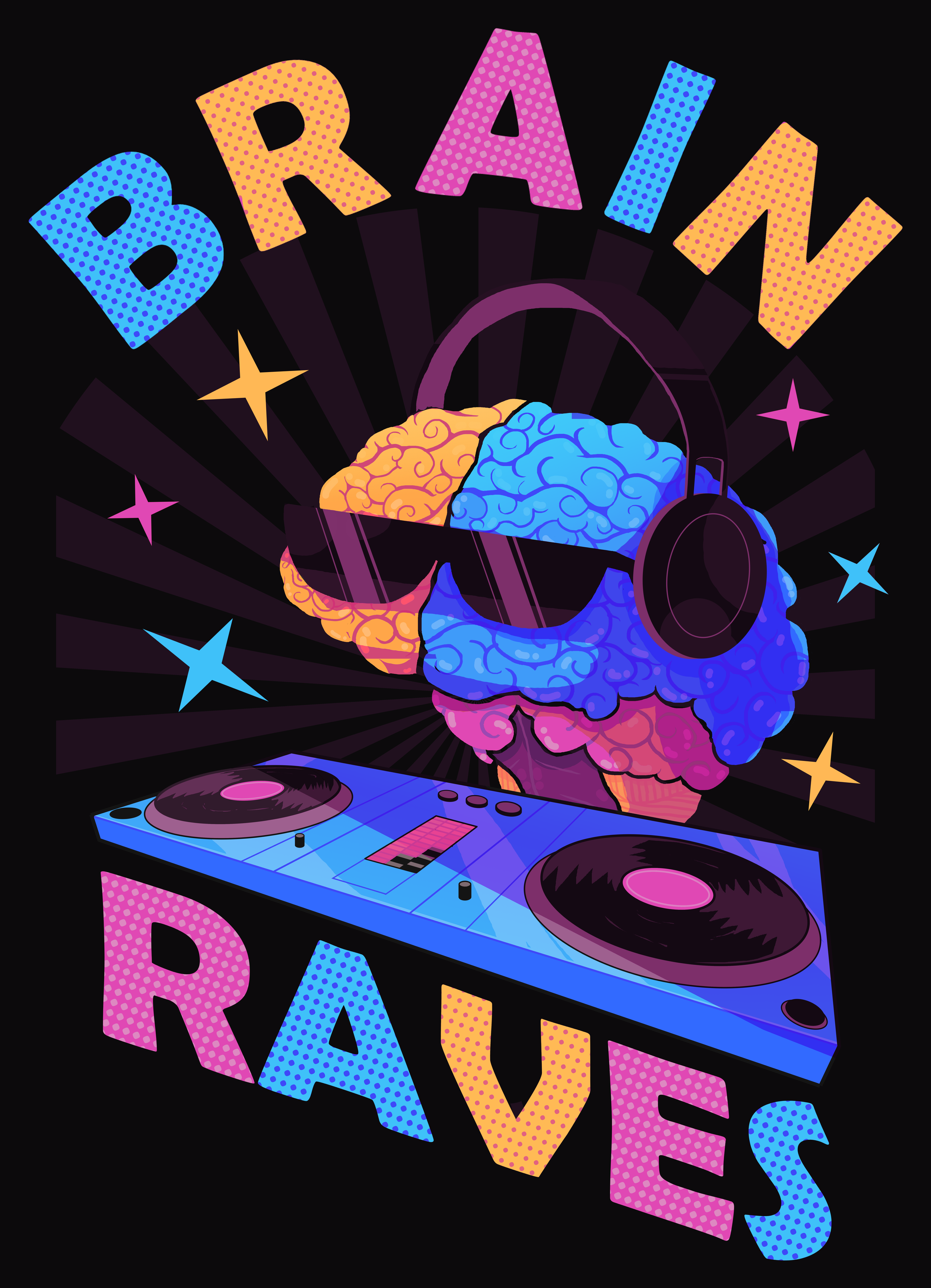 A colorful, cartoon-style illustration of a brain wearing sunglasses and headphones, standing behind a DJ turntable. The background features the words 'Brain Raves' in large, multicolored, dotted letters, along with stars and radiating lines.