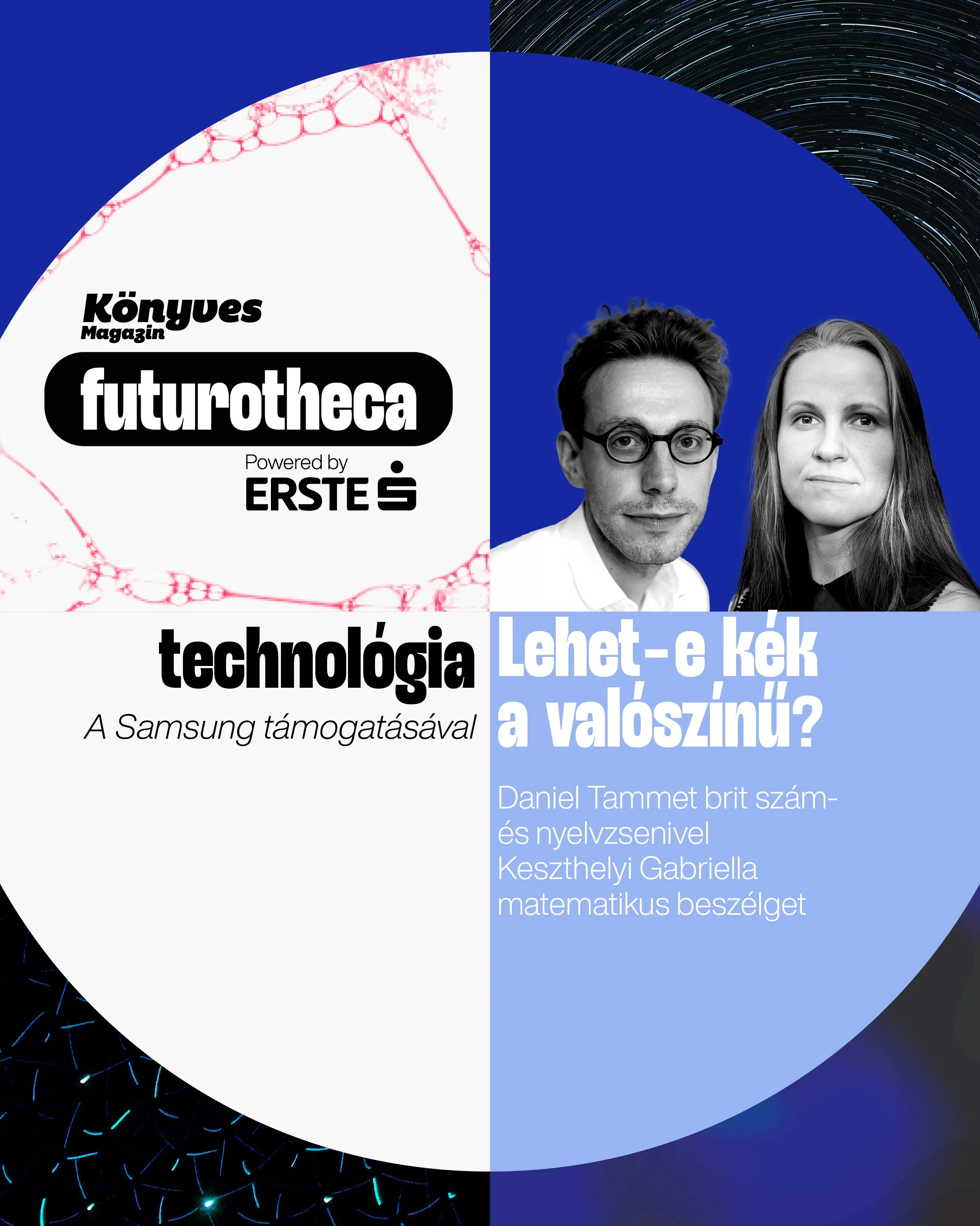 A digital graphic design of a magazine cover titled 'futurotheca' with partnership logos 'Könyves Magazin' and 'ERSTE'. The cover features two people, a man with glasses and a woman, both in black and white portraits, against a background with a starry night sky and blue geometric shapes. The cover includes text about technology, Samsung support, and a discussion with genealogist Gabriella Keszthelyi.