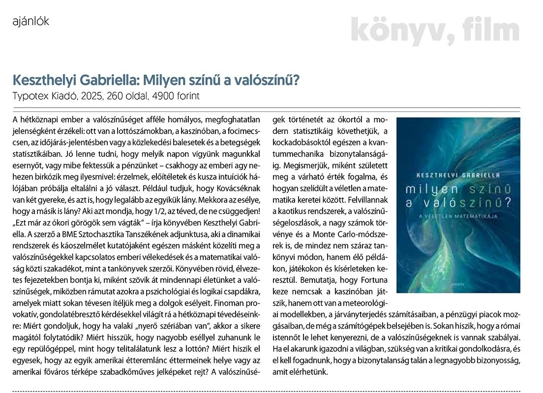 Cover of a book titled "Milyen színű a valószínű?" by Keszthelyi Gabriella, featuring a blue and green abstract background.