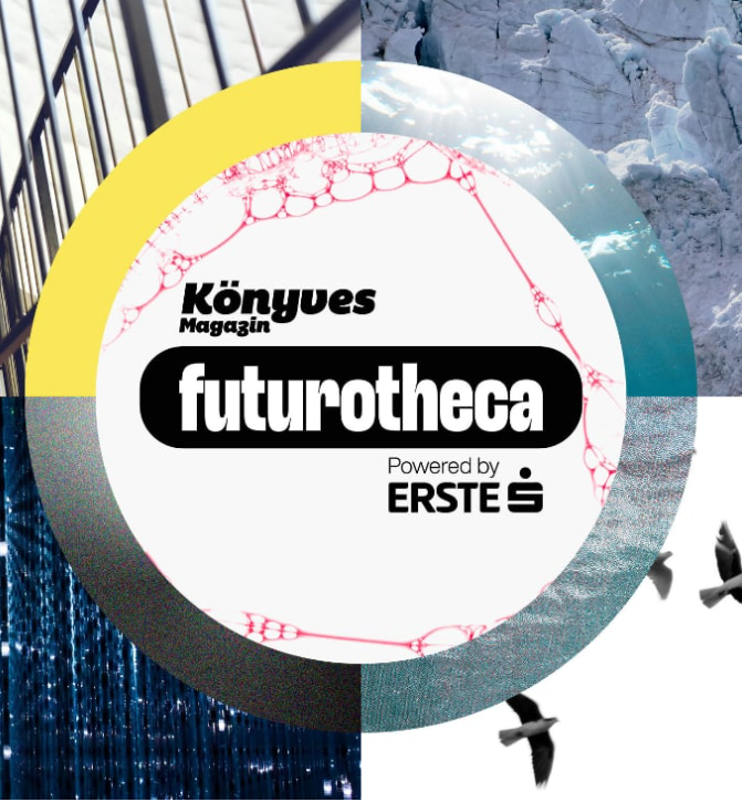 A circular collage of four different outdoor scenes with a central logo for Könyves Magazin and Futuotheca, powered by ERSTE, featuring a web of pink lines and bubbles overlay.