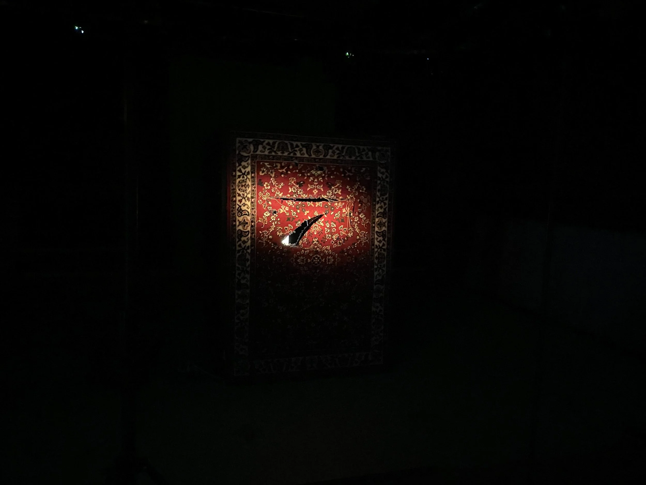 A red patterned rug in the darkness with a lighted area in the center, possibly a small illuminated object or reflection.