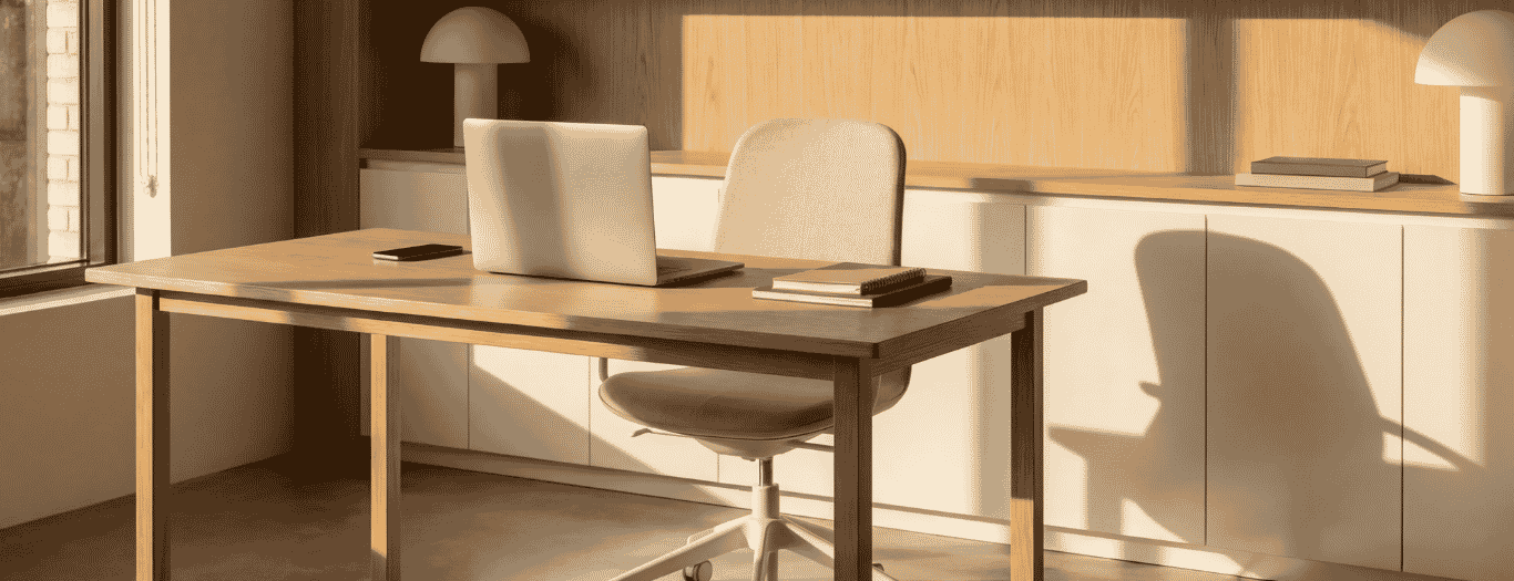 scrivania elegante e ordinata, luce naturale. Le clienti ideali nel settore casa e lifestyle.