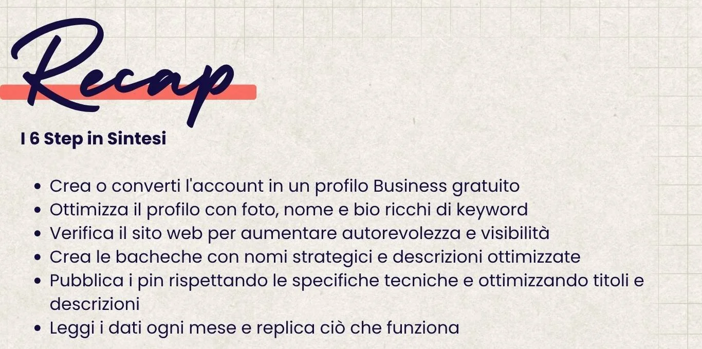riepilogo dei passaggi fondamentali per creare un account Pinterest professionale ottimizzato