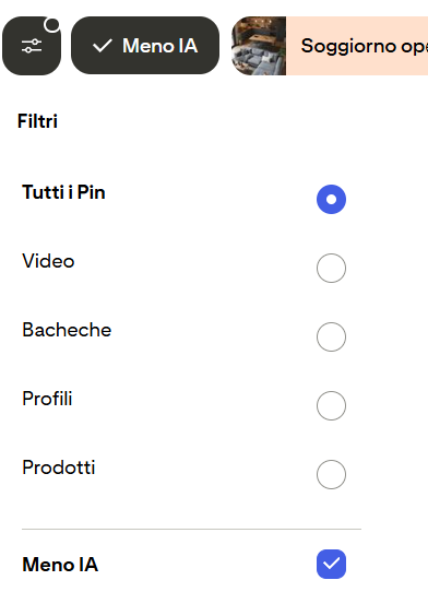 screen shot dei filtri di ricerca Pinterest per diminuire i contenuti IA