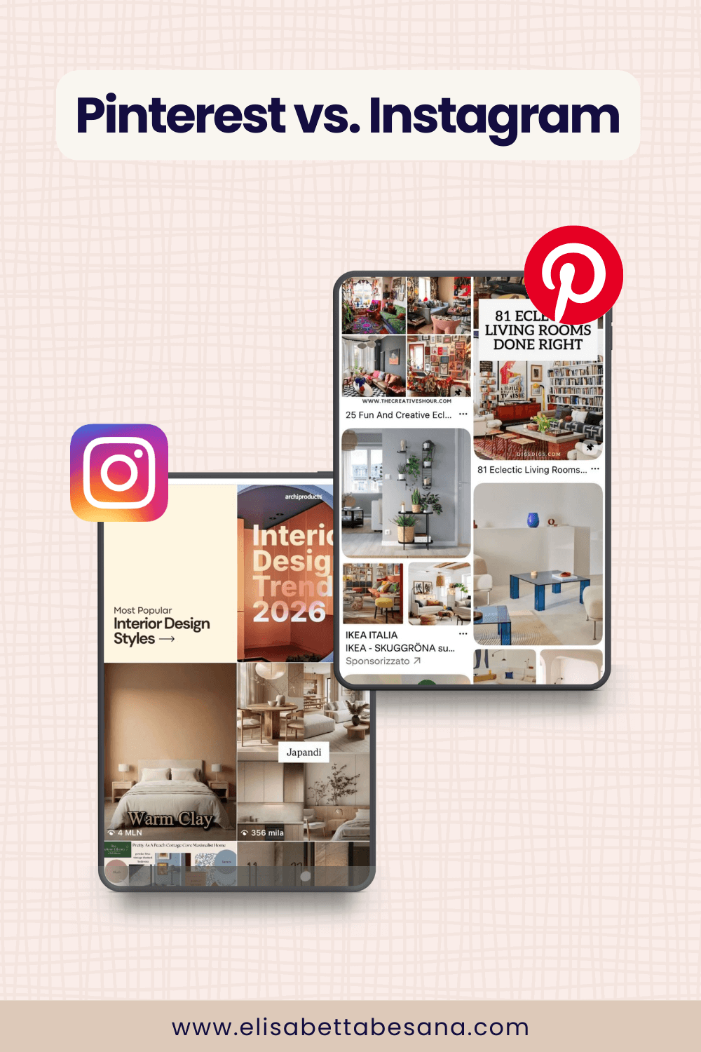 due tablet uno con schermata Instagram, uno con Pinterest per illustrare la differenza tra le due piattaforme