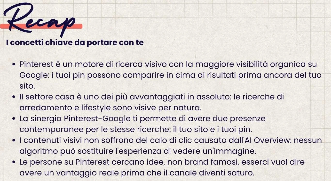 grafica testuale che elenca i vantaggi principali della sinergia Pinterest e Google