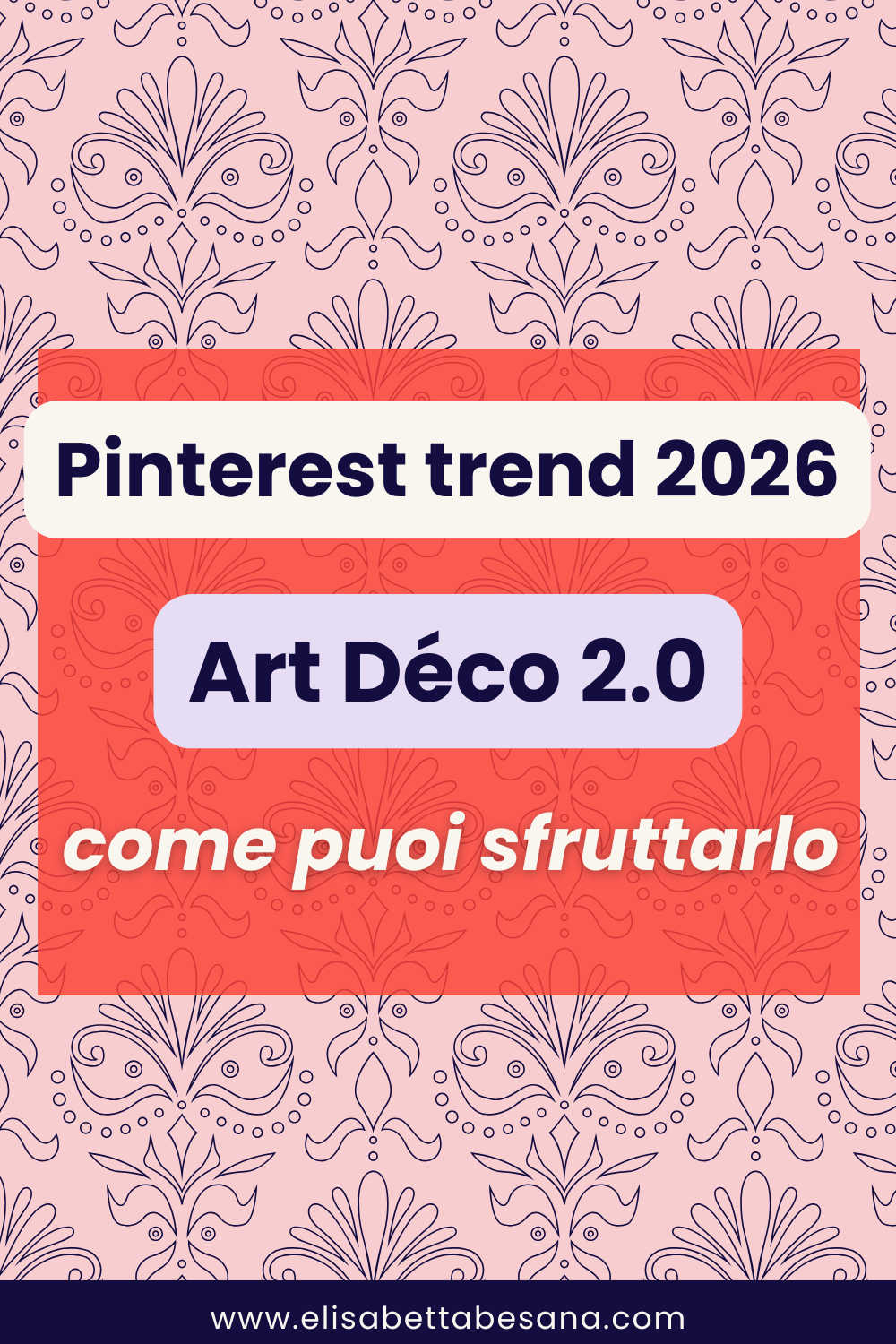 grafica testuale "pinterest trend 2026 Art deco 2.0 come puoi sfruttarlo", sfondo rosa con decori blu in stile carta da parati art deco