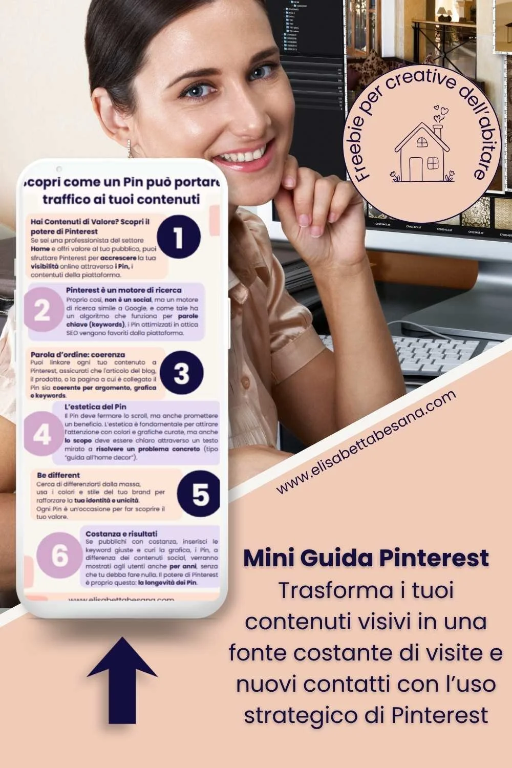 anteprima della mini guida gratuita Pinterest marketing per home decor, su schermata smartphone, dietro giovane donna castana sorridente.