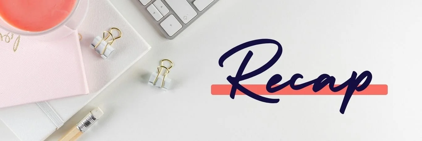 particolare di una scrivania bianca fotografata dall'alto, grafica testuale "Recap", ovvero riepilogo dei punti piu importanti sul Pineterst Funnel per il tuo marketing digitale.