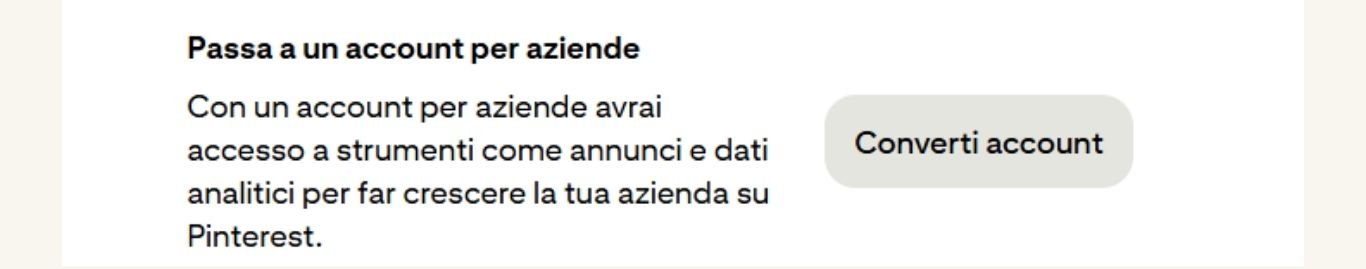 screenshot schermata conversione da account Pinterest personale ad  aziendale