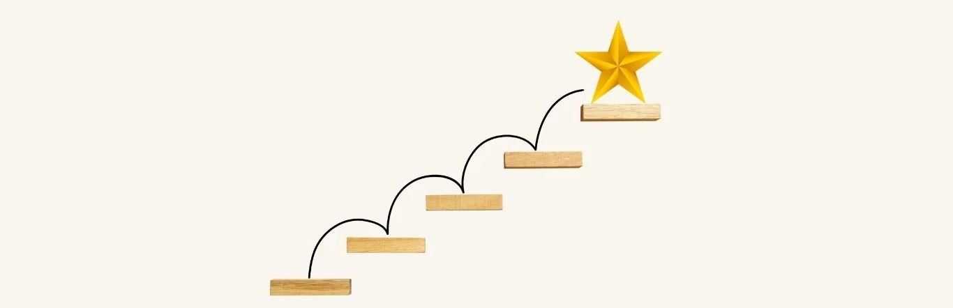 rappresentazione grafica di 5 scalini di legno, sull'ultimo in alto c'è  una stella gialla, metafore per scalare sul web con il Pinterest Marketing.