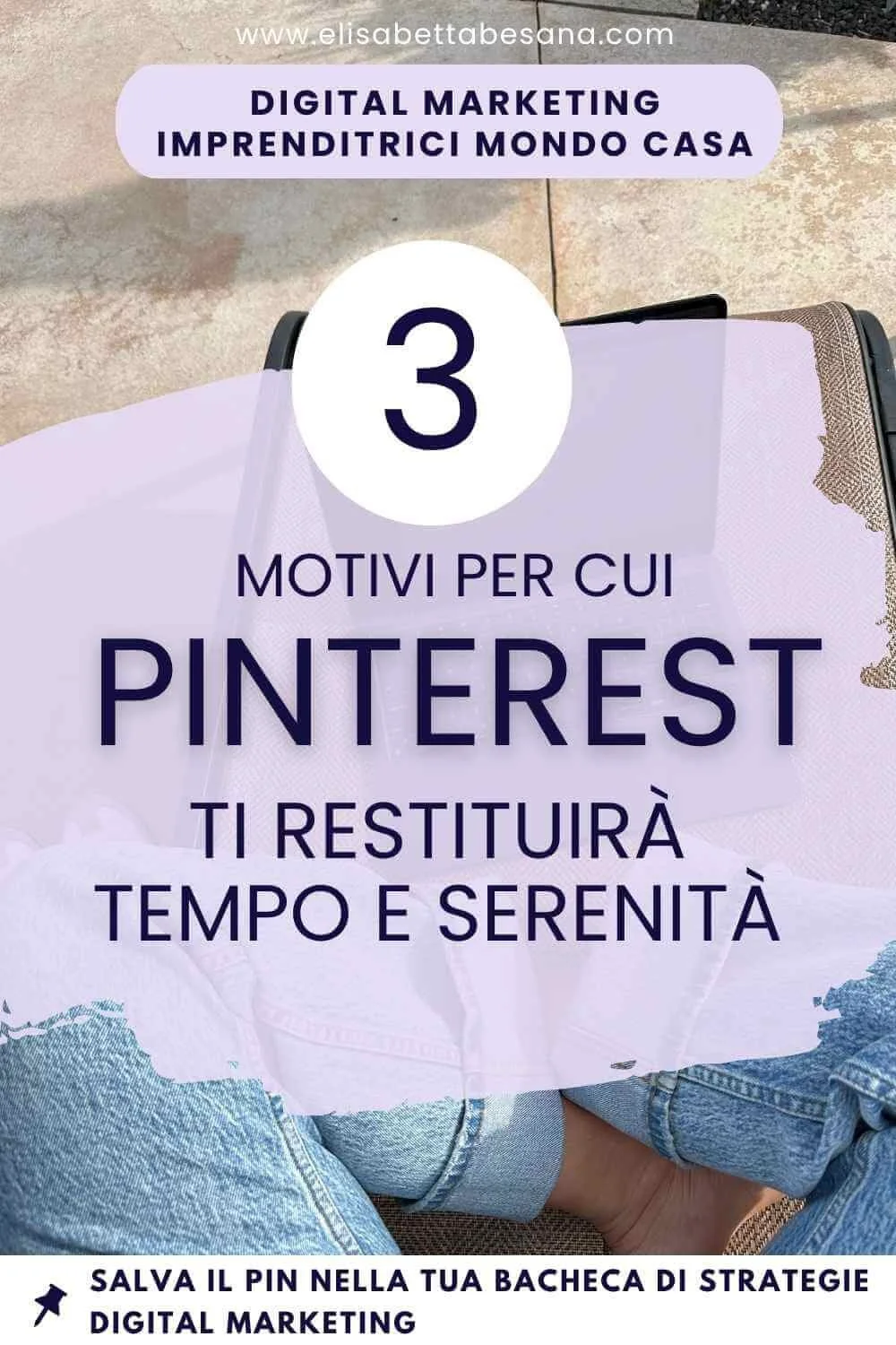 immagine verticale, si intravede una donna seduta a gambe incrociate, indossa un paio di jeans, sta usando un laptop aperto, ecco  i 3 motivi per cui Pinterest ti restituirà tempo e calma