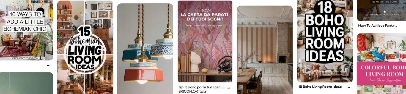 schermata del feed di Pinterest con pin a tema interior design, scopri quale formato performa meglio, leggi sul blog.