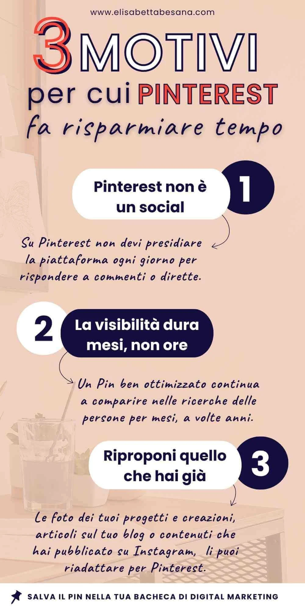 Infografica verticale, sfondo rosa antico, grafica blu e bianco, i 3 motivi per cui Pinterest fa risparmiare tempo ai brand creativi. www.elisabettabesana.com