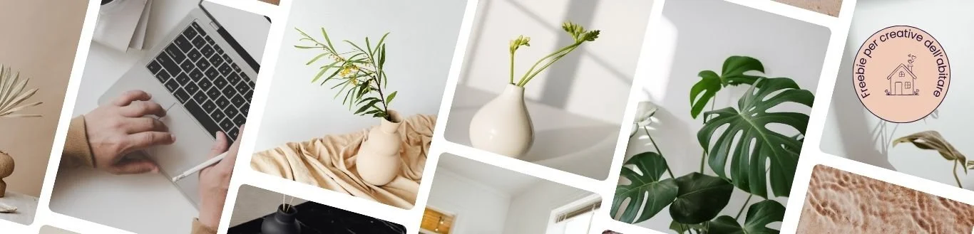 immagine orizzontale con collage di foto oblique di oggetti e piante home decor sui toni chiari