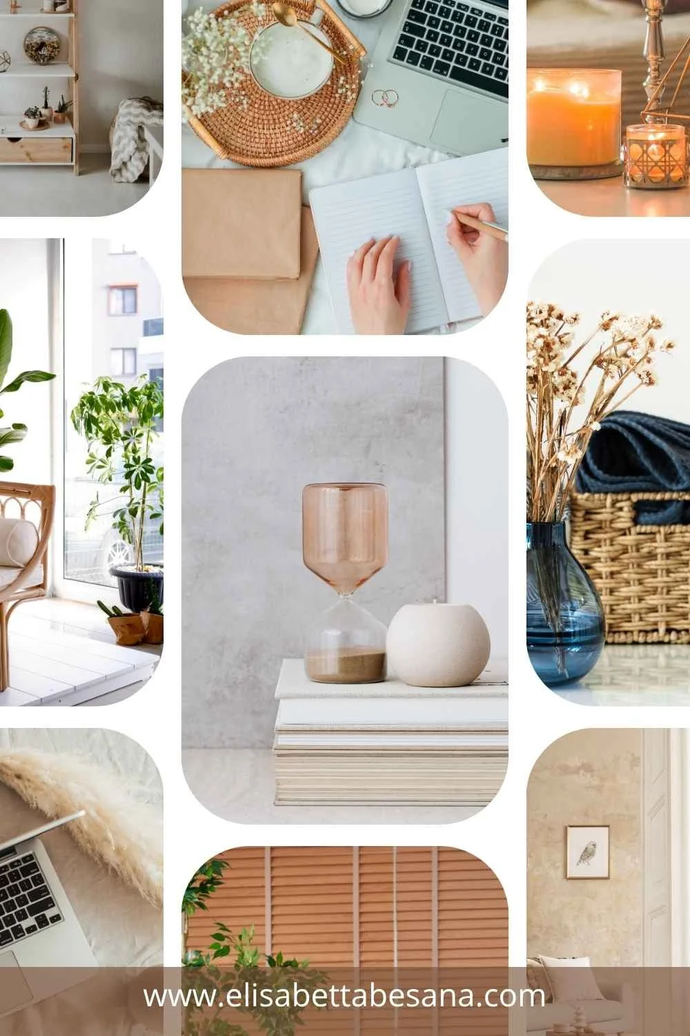 Immagine verticale con collage di foto di ambienti e oggetti home decor, colori caldi, www.elisabettabesana.com