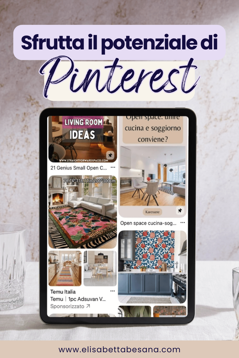 tablet con schermata del feed di Pinterest con immagini di interior design