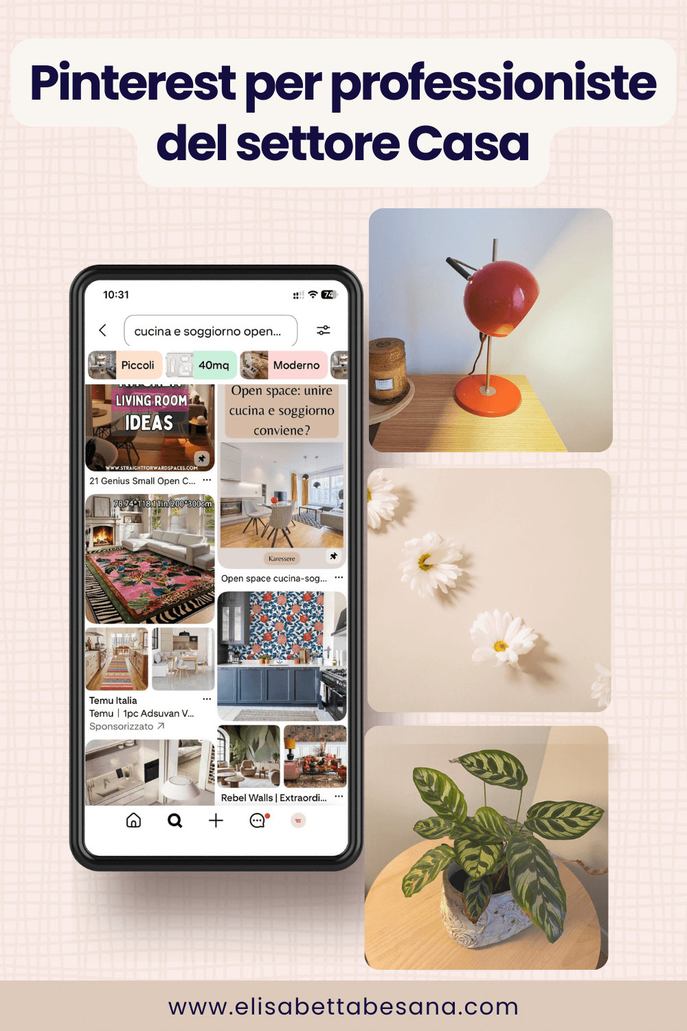 schermata di un telefono mobile con feed di pinterest e 3 immagini di interior design