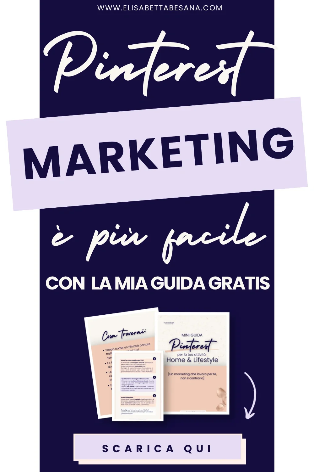 Banner verticale blu e lilla con anteprima della guida gratuita Pinterest di Elisabetta Besana per le professioniste del settore casa