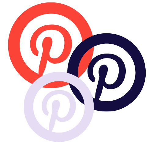 3 loghi di Pinterest di dimensioni e colori differenti: grande è arancio, medio è blu scuro, piccolo è lilla.