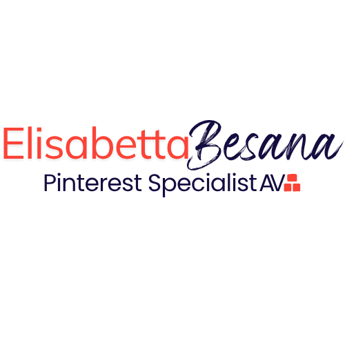 logo firma elisabetta in colore arancio, besana in blu, pinterest specialist AV in blu con alla fine stilizzazione ideogramma tre quadratini pin in arancio