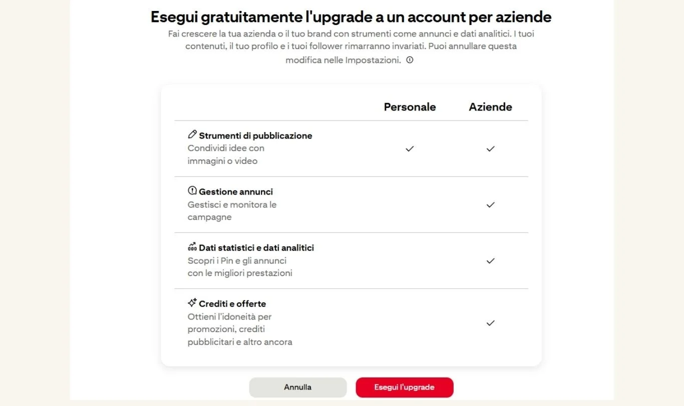 screenshot schermata upgrade da account Pinterest personale ad  aziendale