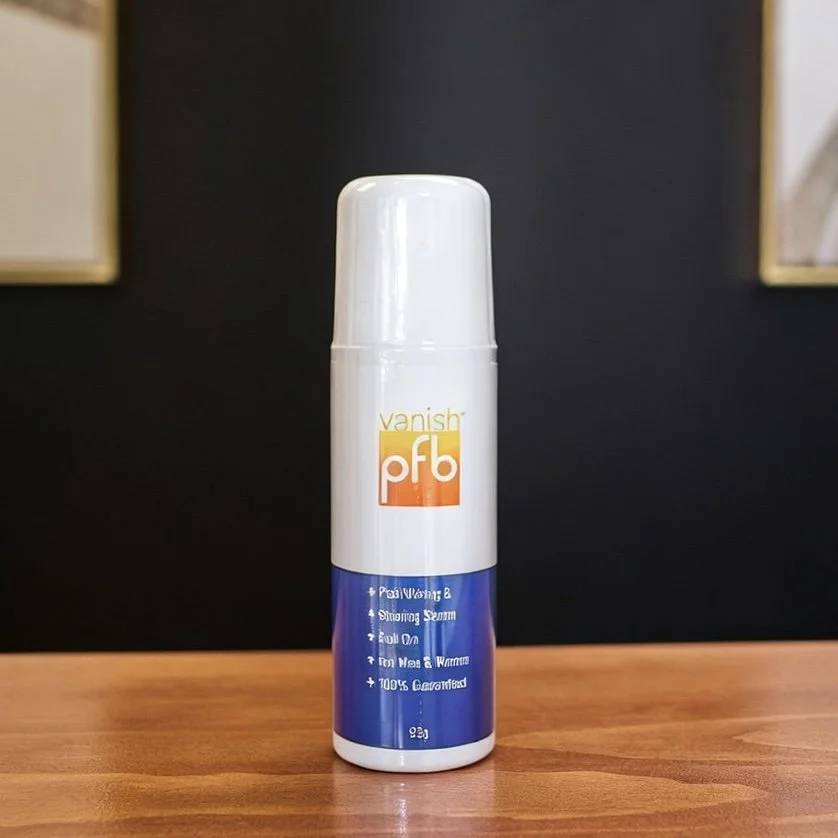 A white stick-shaped container of vanish pfb, a post-washing treatment, placed on a wooden surface against a black background.