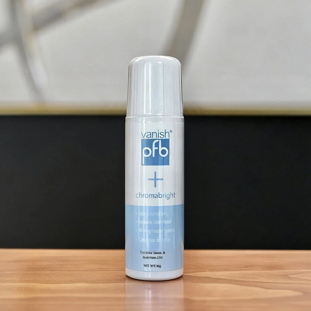 A can of vanish pf6 chromabrigh hair lightener spray on a wooden surface.